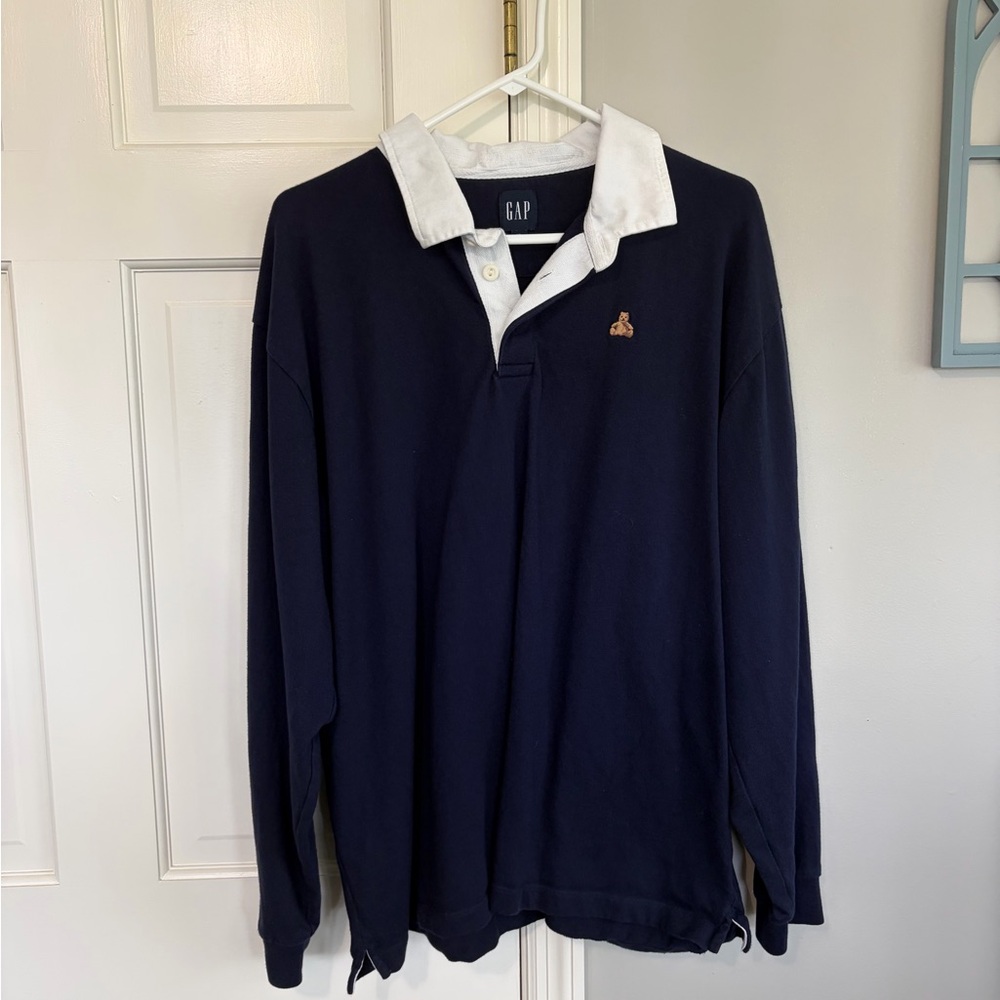 GAP Navy Long-Sleeve Rugby Polo with White Collar
